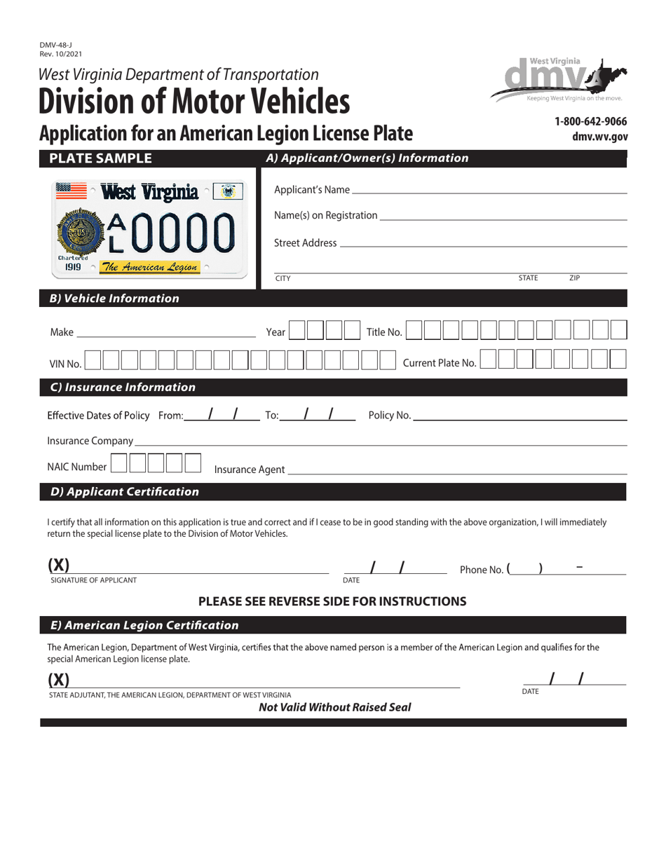Form DMV-48-J Application for an American Legion License Plate - West Virginia, Page 1