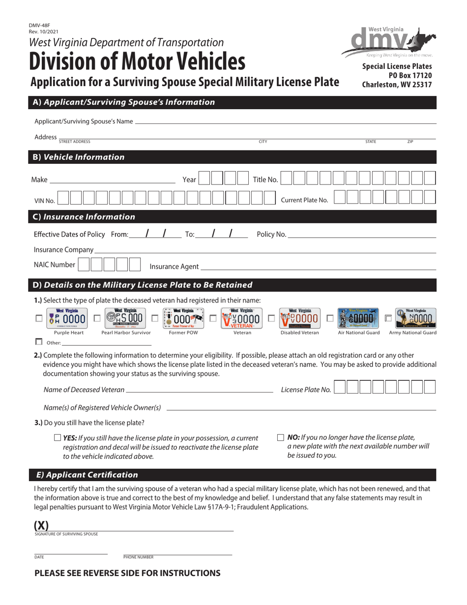 Form DMV-48F Application for a Surviving Spouse Special Military License Plate - West Virginia, Page 1