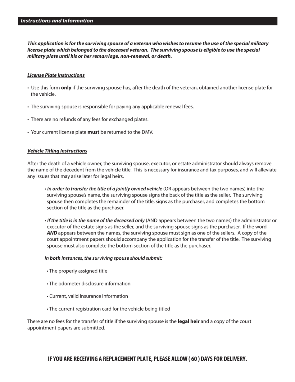 Form DMV-48F Application for a Surviving Spouse Special Military License Plate - West Virginia, Page 2