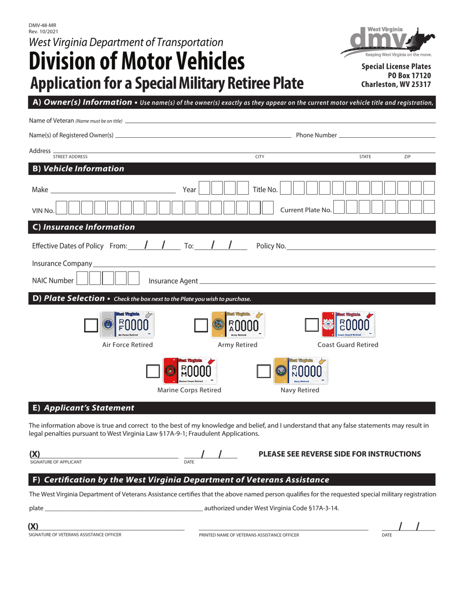 Form DMV-48-MR Application for a Special Military Retiree Plate - West Virginia, Page 1