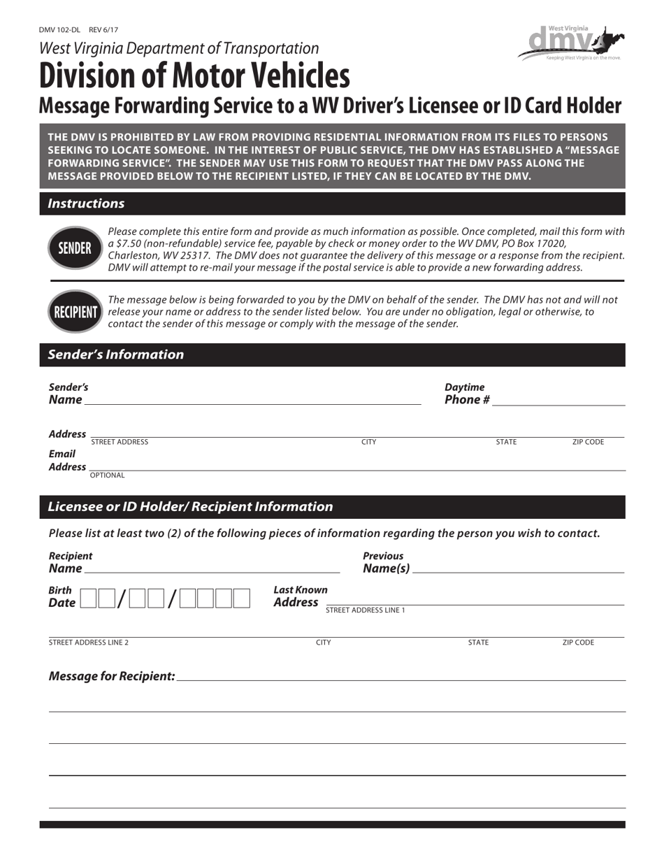 Form DMV102-DL Message Forwarding Service to a Wv Driver's Licensee or Id Card Holder - West Virginia, Page 1