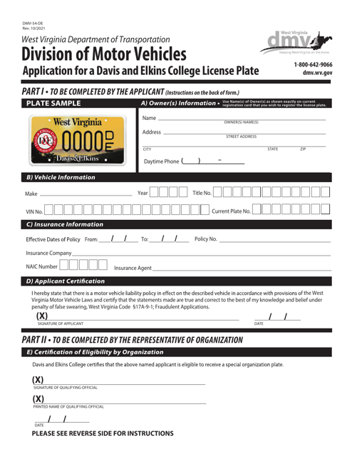 Form DMV-54-DE Application for a Davis and Elkins College License Plate - West Virginia