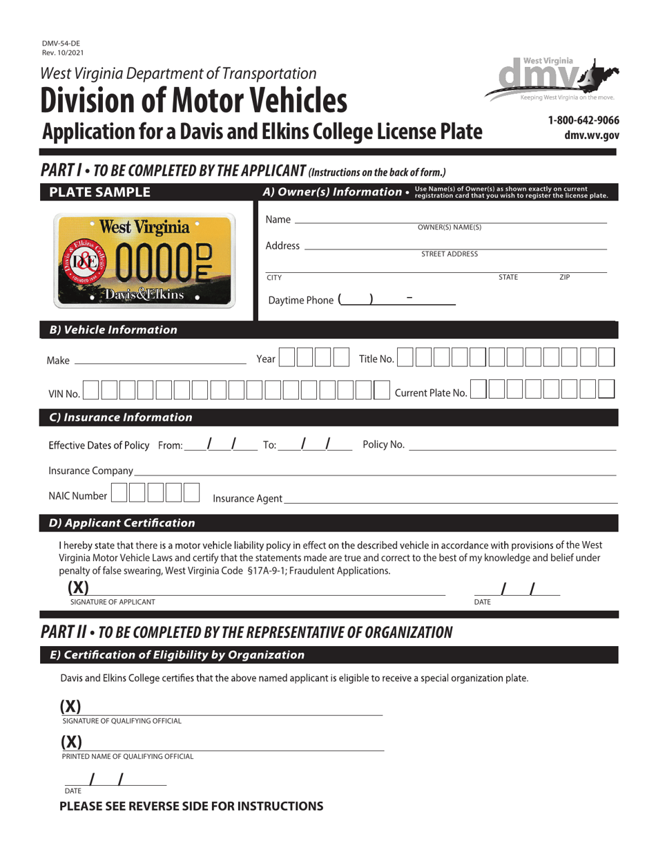 Form DMV-54-DE Application for a Davis and Elkins College License Plate - West Virginia, Page 1