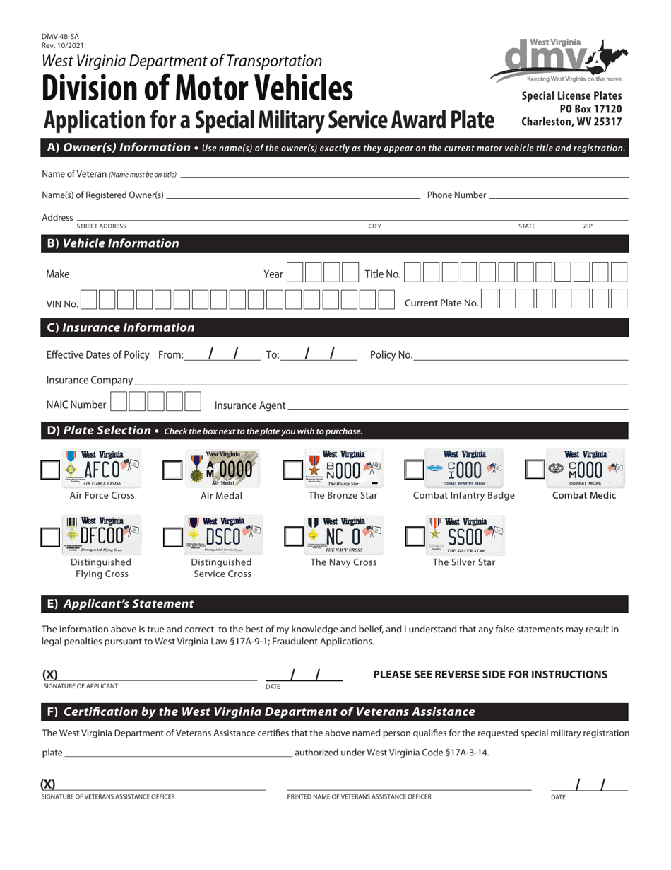 Form DMV-48-SA Application for a Special Military Service Award Plate - West Virginia, Page 1