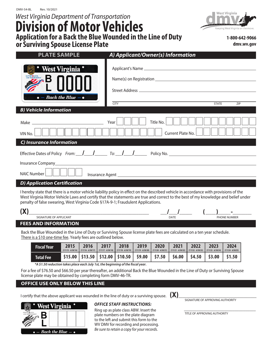 Form DMV-54-BL Application for a Back the Blue Wounded in the Line of Duty or Surviving Spouse License Plate - West Virginia, Page 1