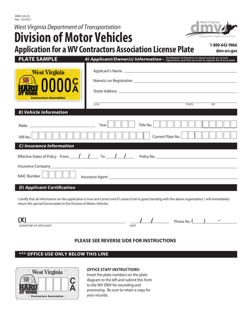 Form DMV-54-CA Application for a Wv Contractors Association License Plate - West Virginia