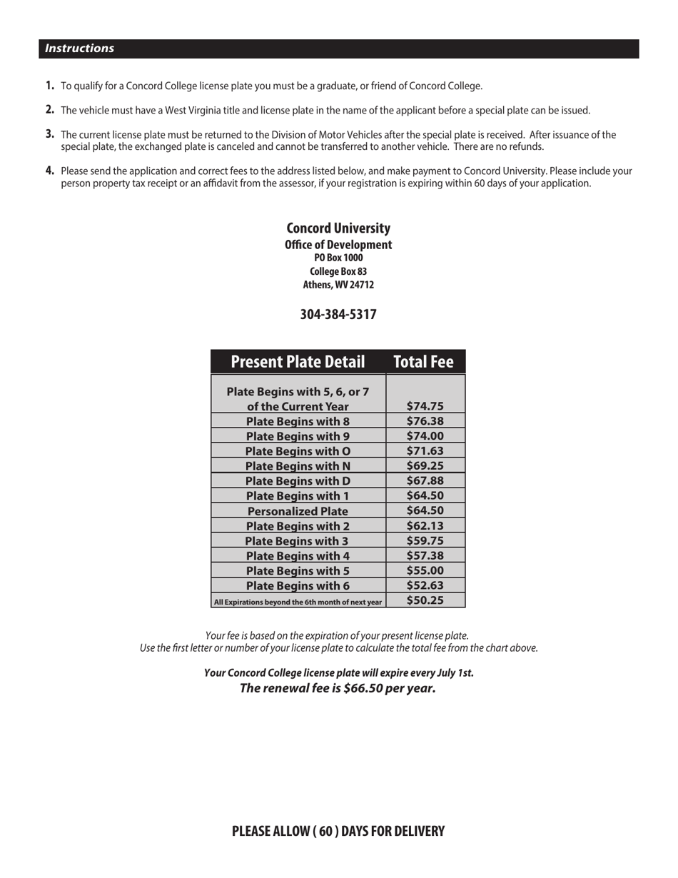 Form DMV-54-CC Application for a Concord College License Plate - West Virginia, Page 2