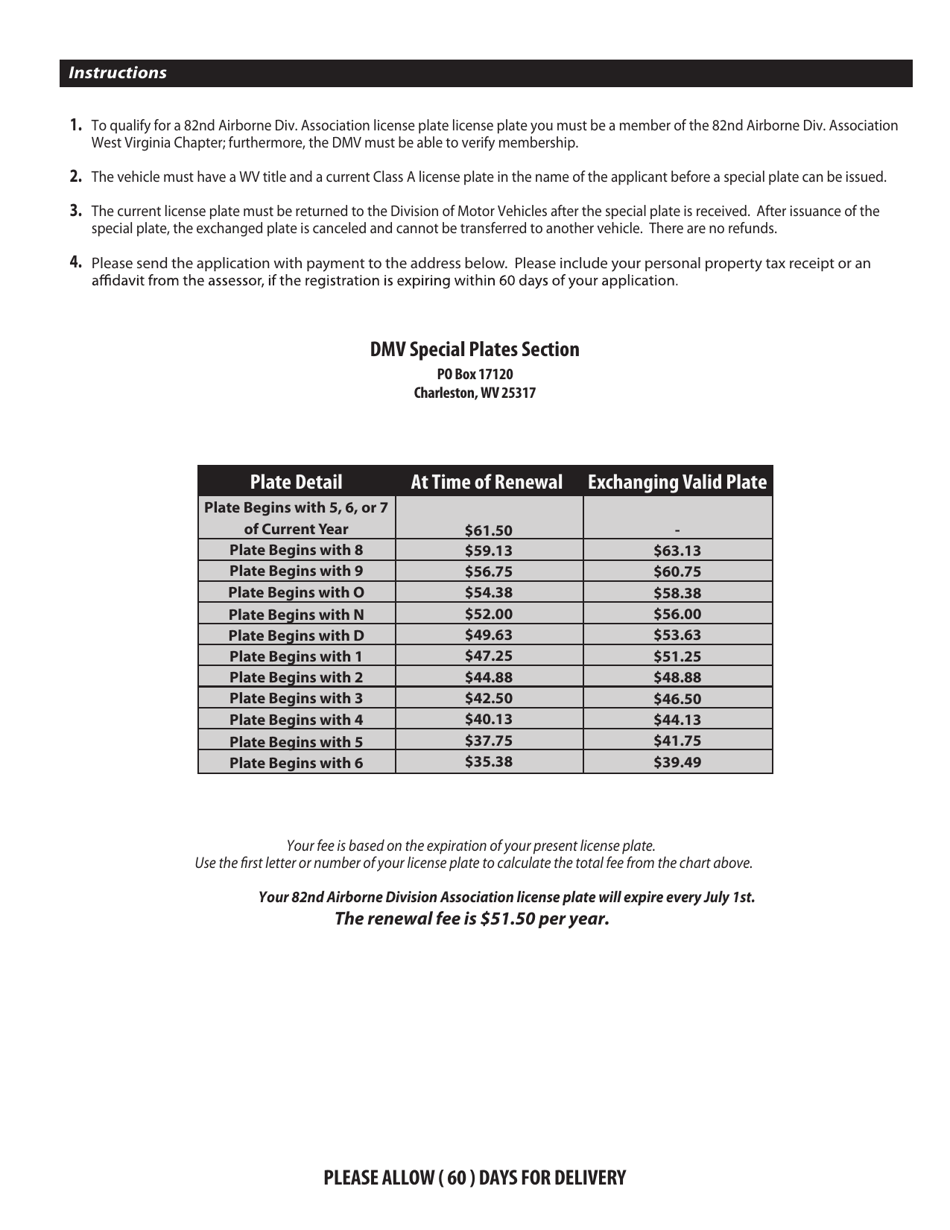 Form DMV-49-AB Application for an 82nd Airborne Div. Association License Plate - West Virginia, Page 2