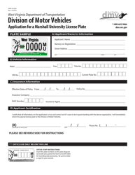 Document preview: Form DMV-54-MU Application for a Marshall University License Plate - West Virginia