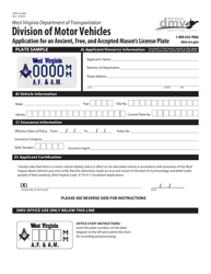 Document preview: Form DMV-54-MM Application for an Ancient, Free, and Accepted Mason's License Plate - West Virginia