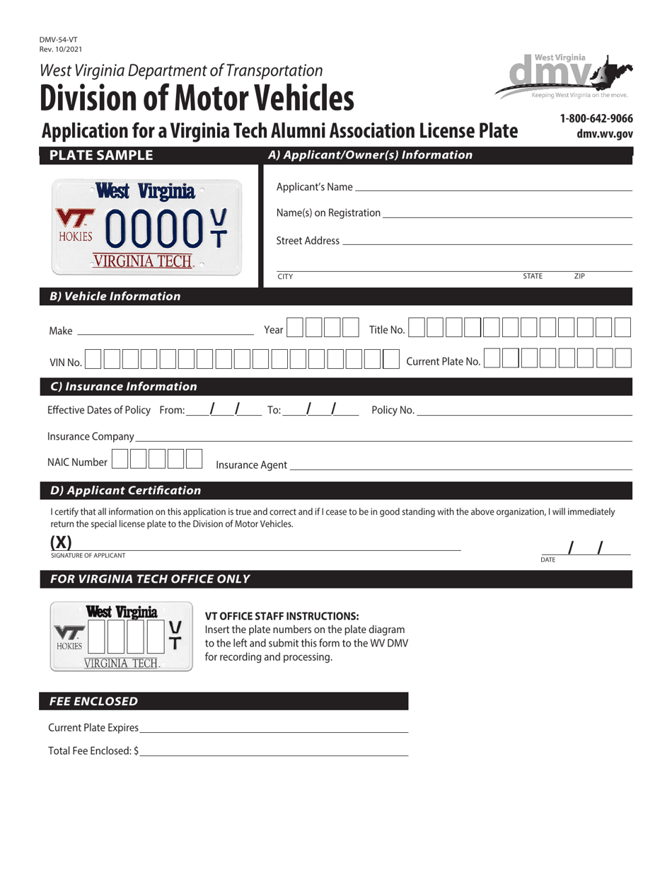 Form DMV-54-VT Application for a Virginia Tech Alumni Association License Plate - West Virginia, Page 1
