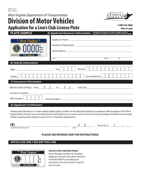 Form DMV-54-LC Application for a Lion's Club License Plate - West Virginia
