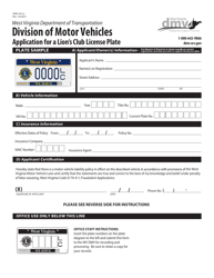Form DMV-54-LC Application for a Lion&#039;s Club License Plate - West Virginia