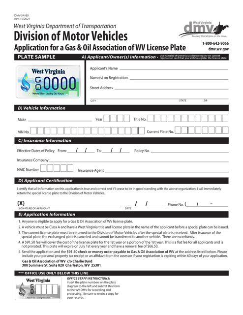 Form DMV-54-GO Application for a Gas & Oil Association of Wv License Plate - West Virginia