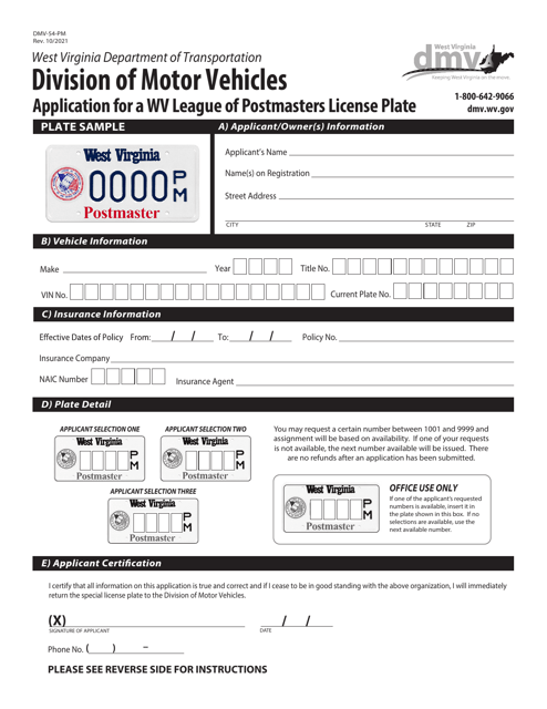 Form DMV-54-PM Application for a Wv League of Postmasters License Plate - West Virginia