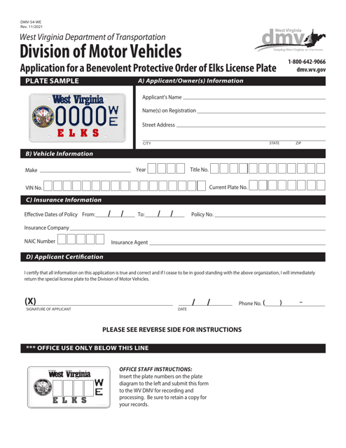 Form DMV-54-WE Application for a Benevolent Protective Order of Elks License Plate - West Virginia