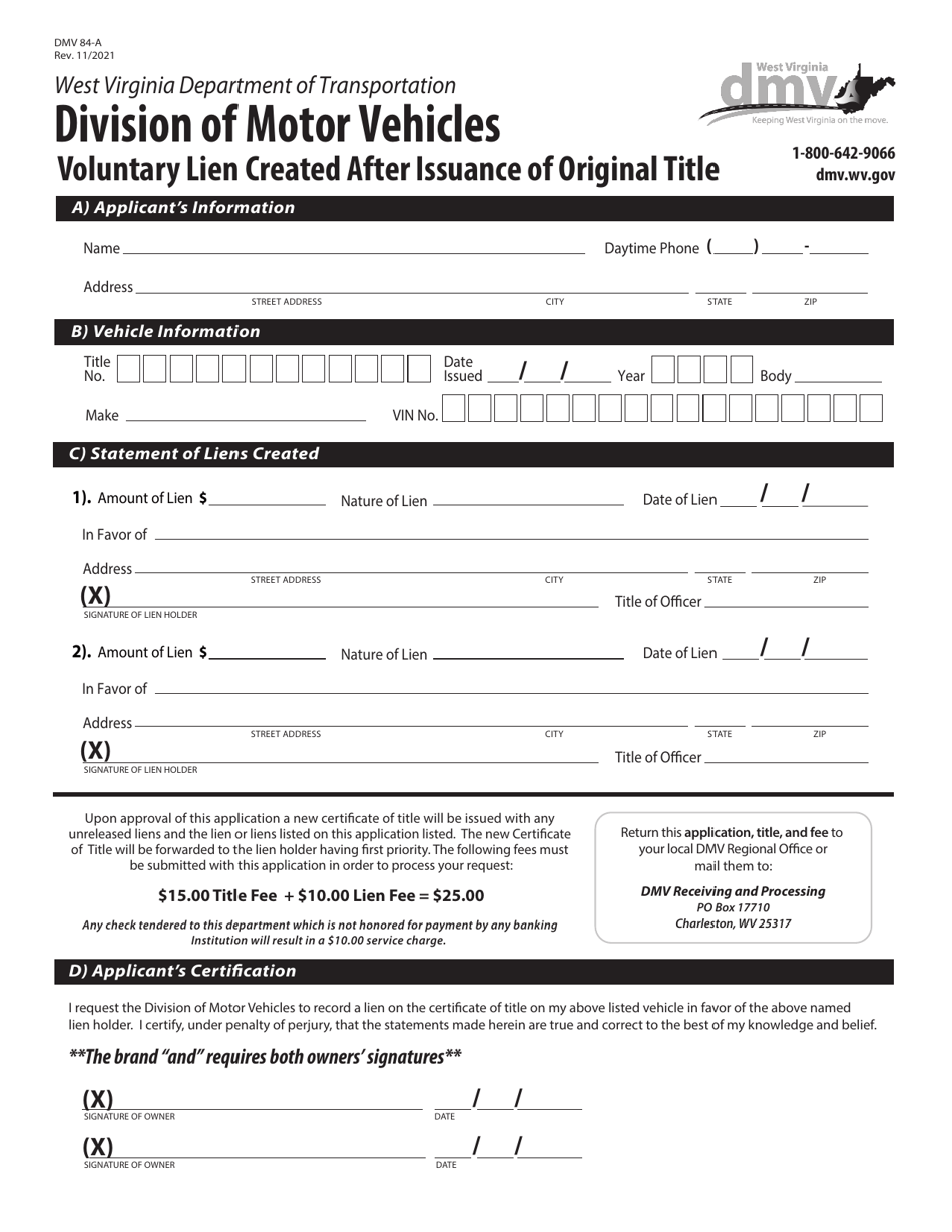 Form DMV84-A Voluntary Lien Created After Issuance of Original Title - West Virginia, Page 1