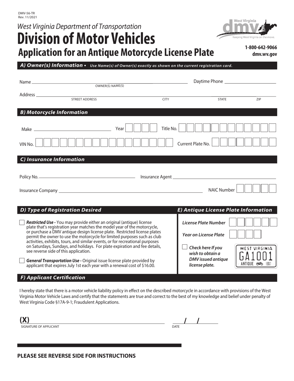 Form DMV-56-TR Application for an Antique Motorcycle License Plate - West Virginia, Page 1