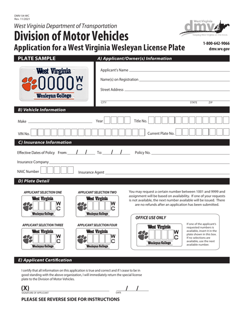 Form DMV-54-WC Application for a West Virginia Wesleyan License Plate - West Virginia