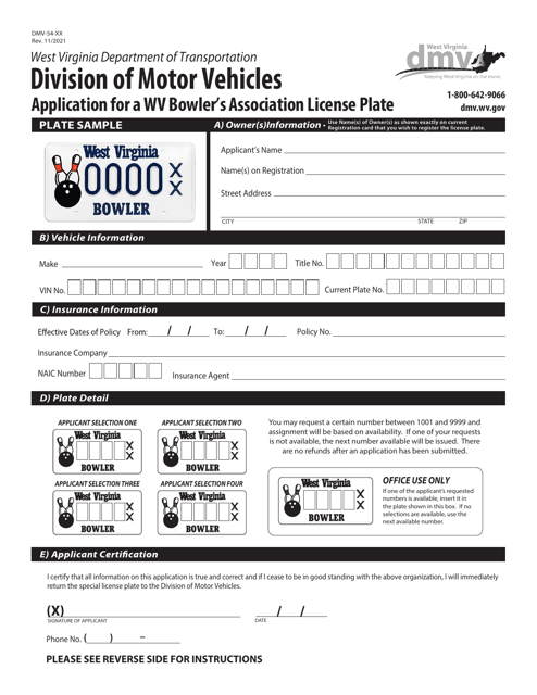 Form DMV-54-XX Application for a Wv Bowler's Association License Plate - West Virginia