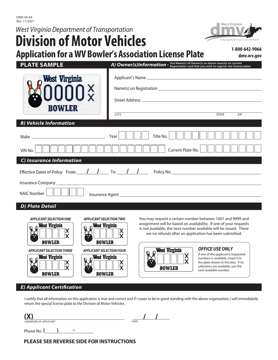 Form DMV-54-XX Application for a Wv Bowlers Association License Plate - West Virginia, Page 1