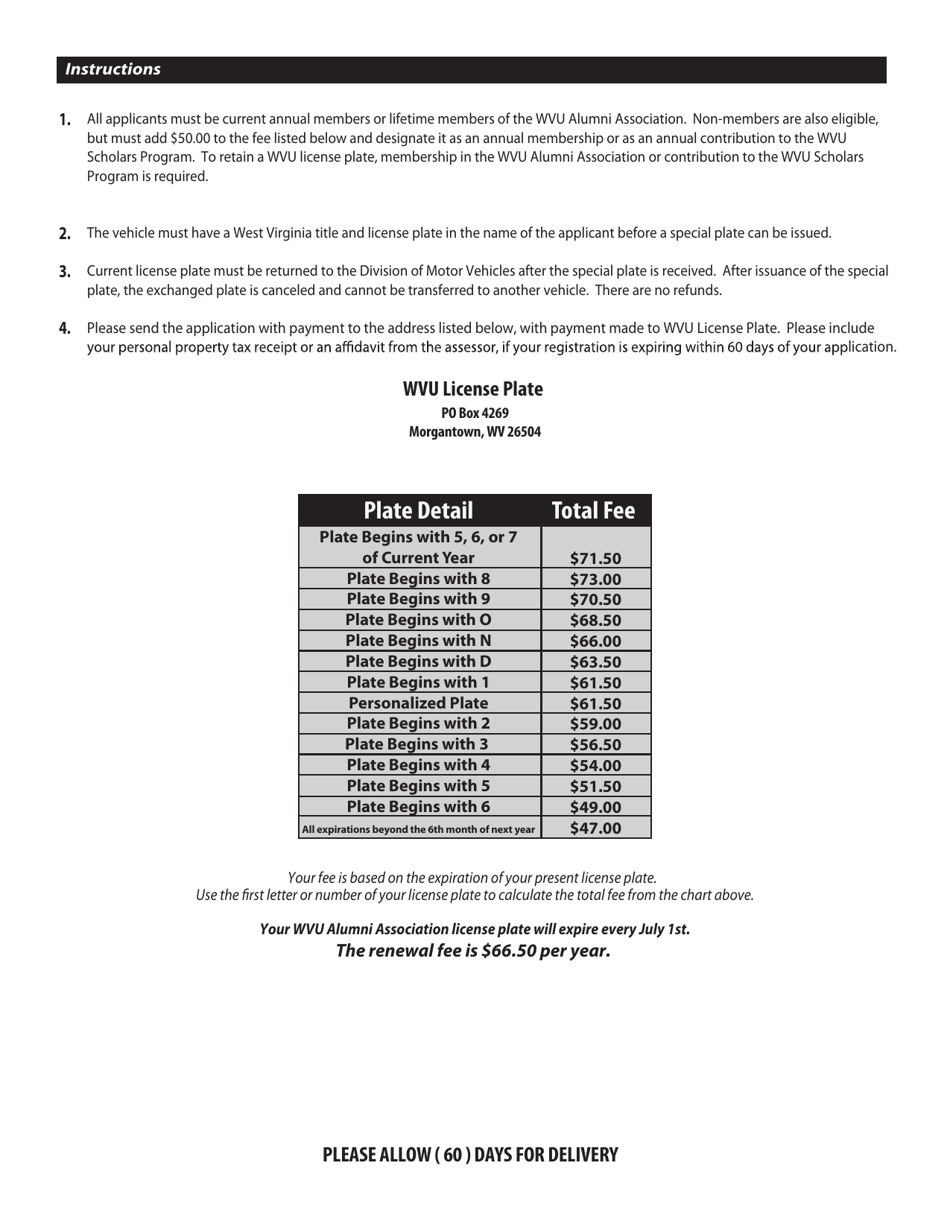 Form DMV-54-WV Application for a West Virginia University Alumni Association License Plate - West Virginia, Page 2