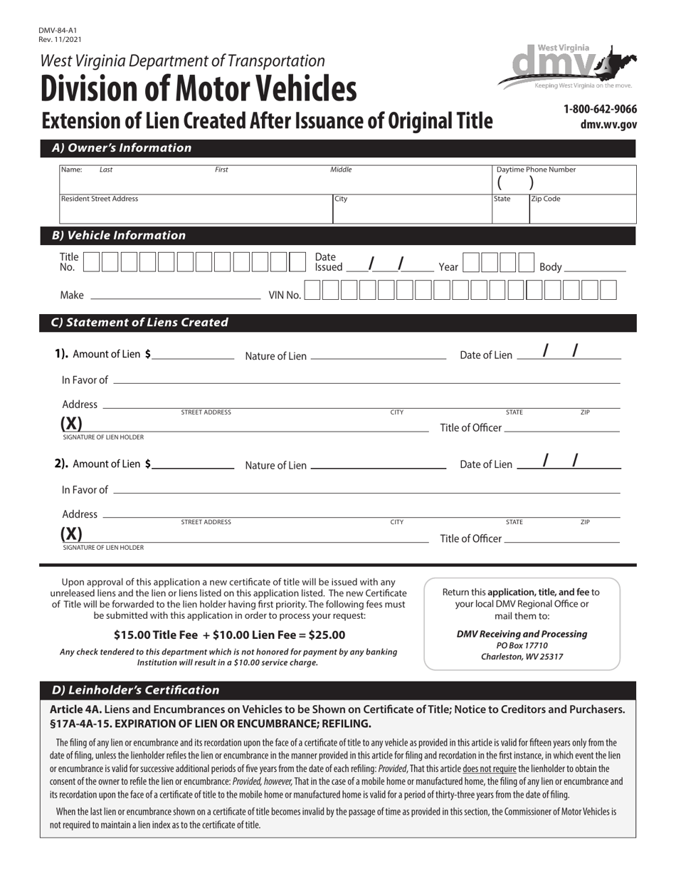 Form DMV-84-A1 Extension of Lien Created After Issuance of Original Title - West Virginia, Page 1