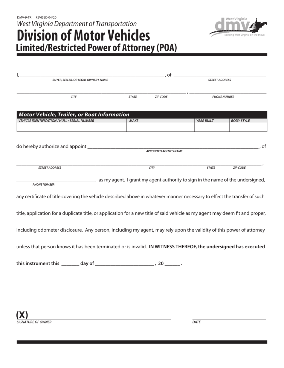 Form DMV-9-TR Limited / Restricted Power of Attorney (Poa) - West Virginia, Page 1