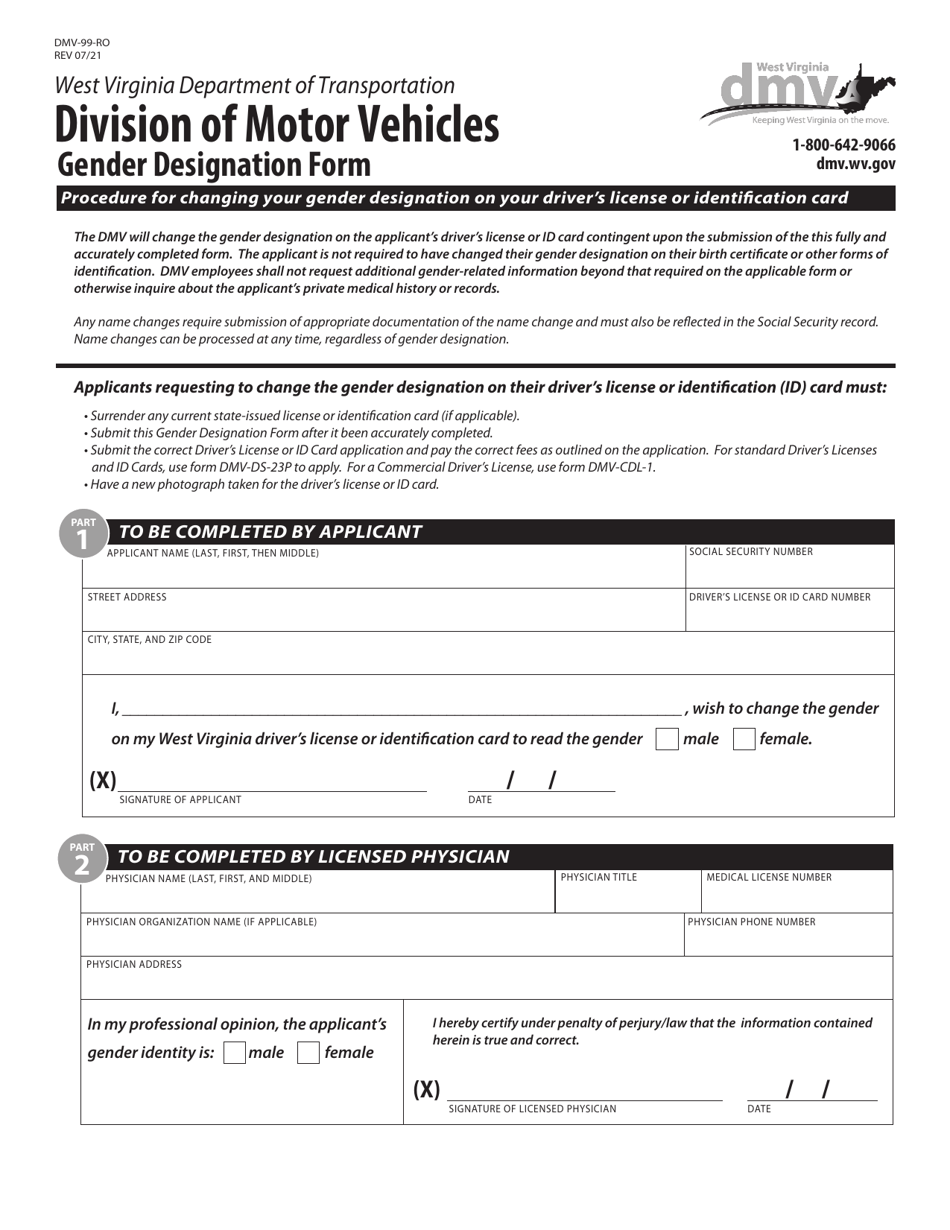 Form DMV-99-RO Gender Designation Form - West Virginia, Page 1