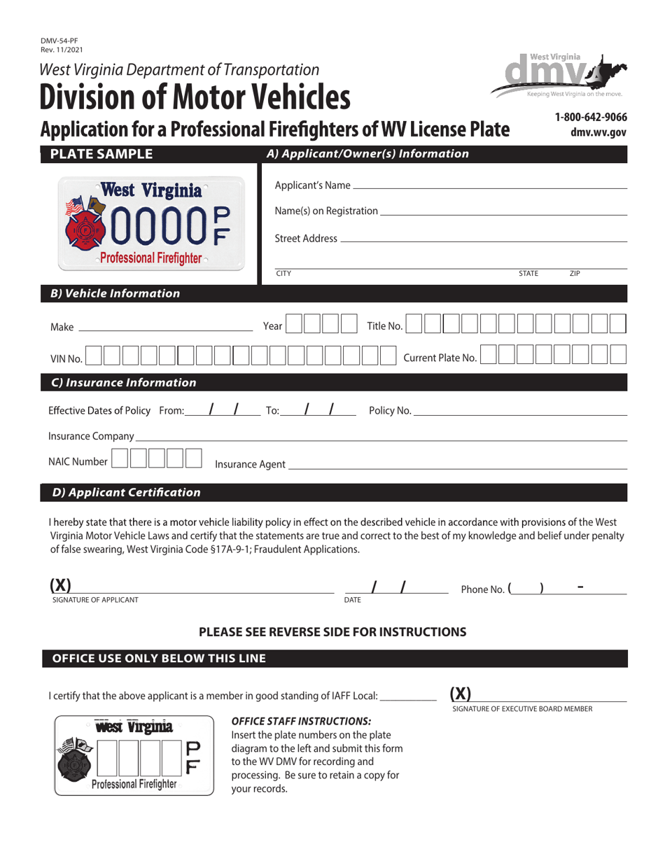 Form DMV-54-PF Application for a Professional Firefighters of Wv License Plate - West Virginia, Page 1