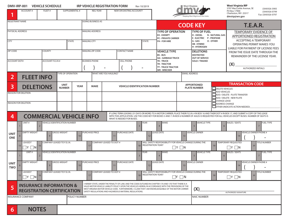 Form DMV-IRP-001 Irp Vehicle Registration Form - West Virginia, Page 1