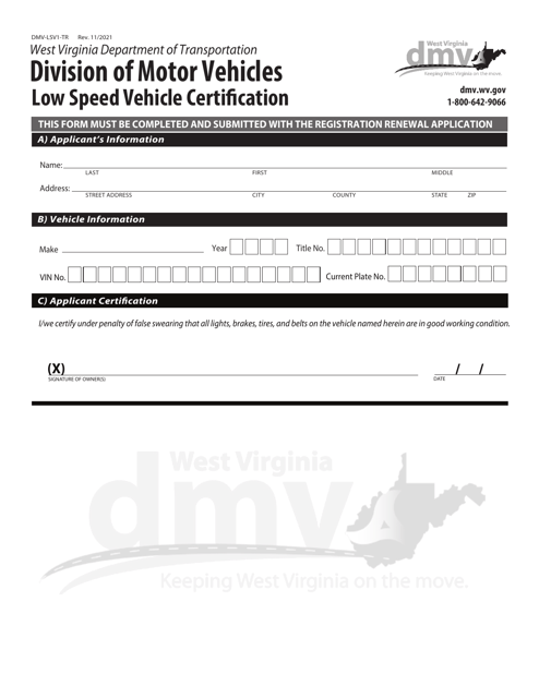 Form DMV-LSV1-TR Low Speed Vehicle Certification - West Virginia