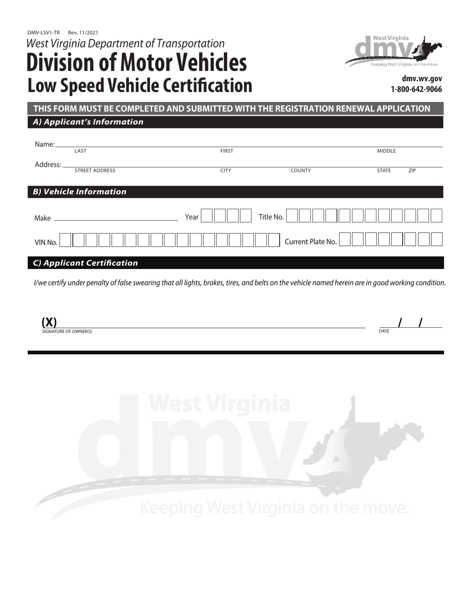 Form DMV-LSV1-TR Low Speed Vehicle Certification - West Virginia, Page 1