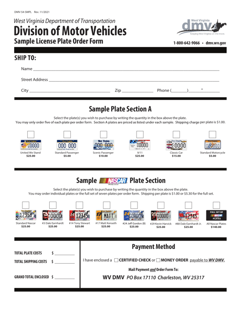 Form DMV-54-SMPL Sample License Plate Order Form - West Virginia