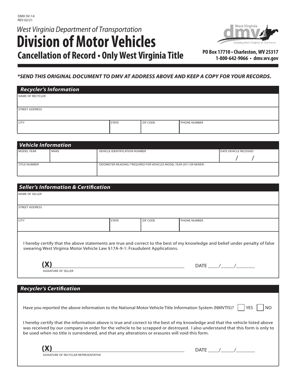 Form DMV-SV-14 Cancellation of Record - Only West Virginia Title - West Virginia, Page 1