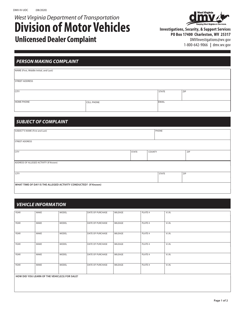 Form DMV-IV-UDC - Fill Out, Sign Online And Download Fillable PDF, West ...