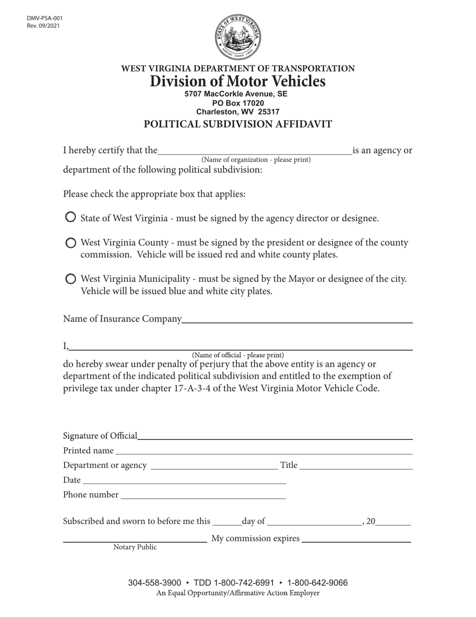 Form DMV-PSA-001 Political Subdivision Affidavit - West Virginia, Page 1