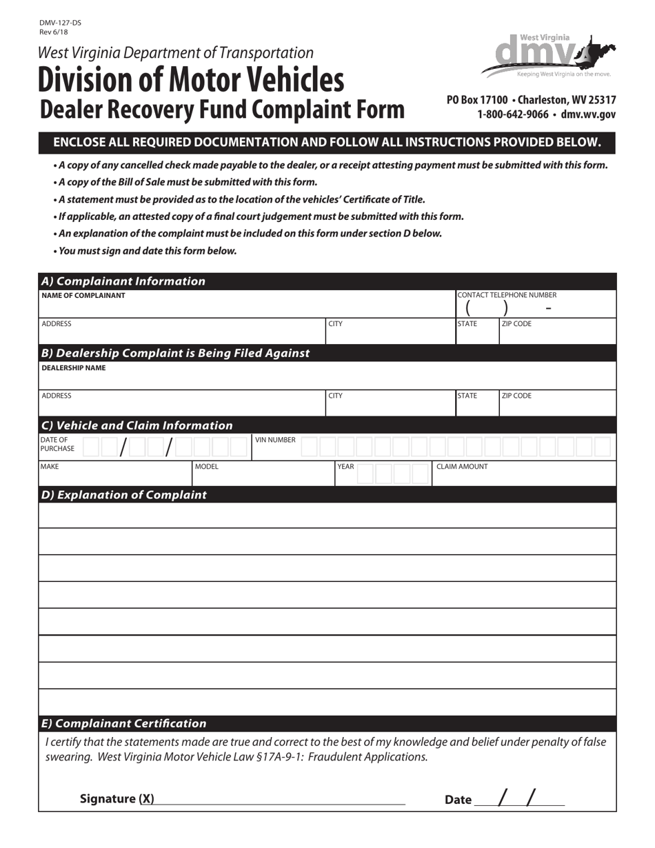 Form DMV-127-DS Dealer Recovery Fund Complaint Form - West Virginia, Page 1