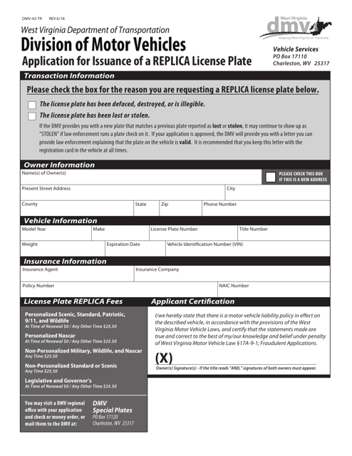 Form DMV-43-TR Application for Issuance of a Replica License Plate - West Virginia