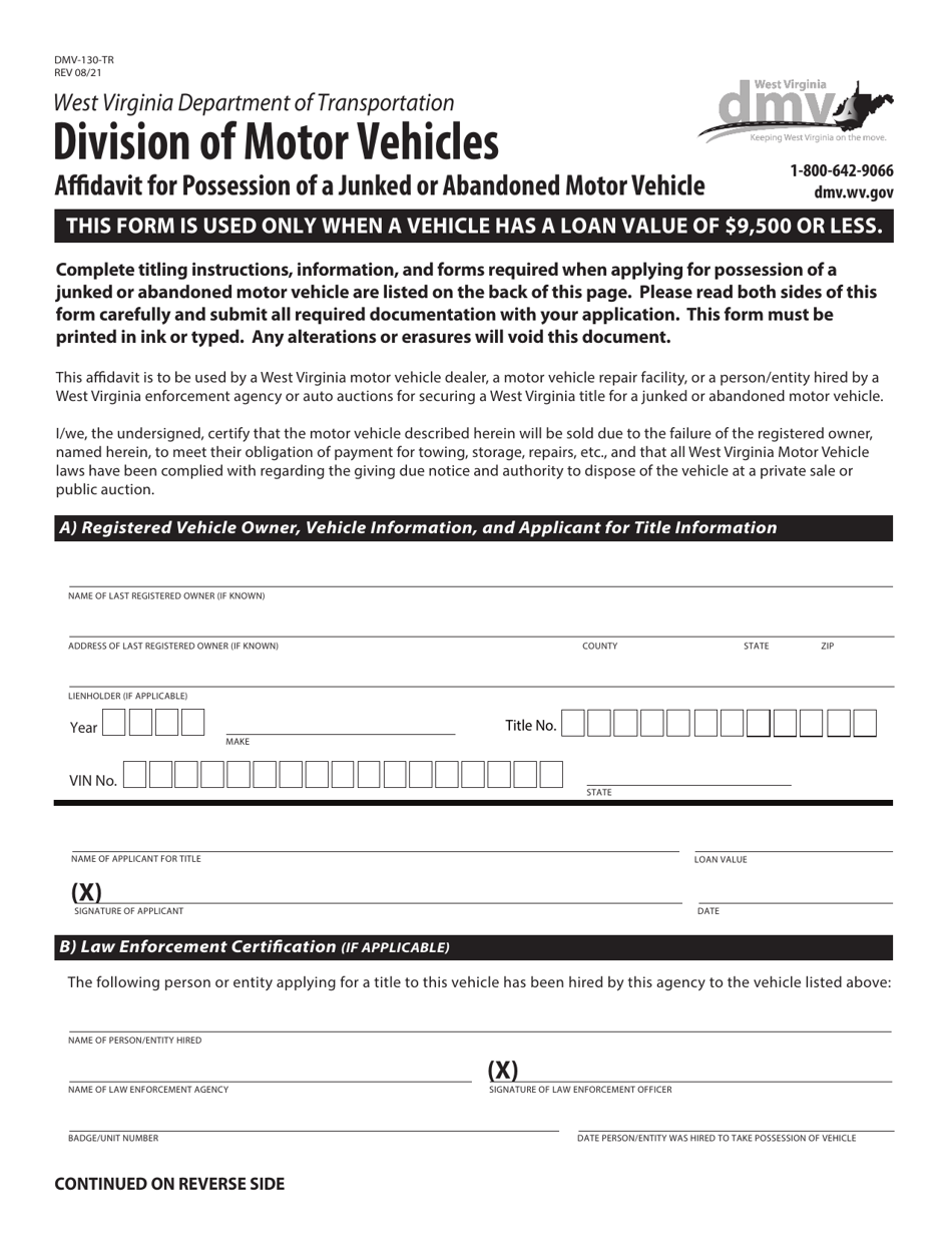 Form DMV-130-TR - Fill Out, Sign Online and Download Fillable PDF, West ...