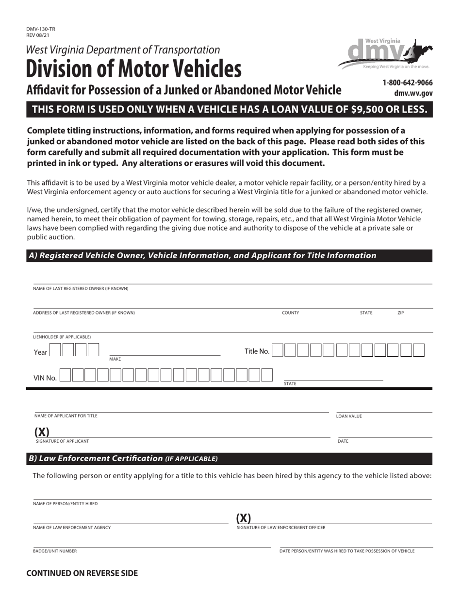 Form DMV-130-TR Affidavit for Possession of a Junked or Abandoned Motor Vehicle - West Virginia, Page 1