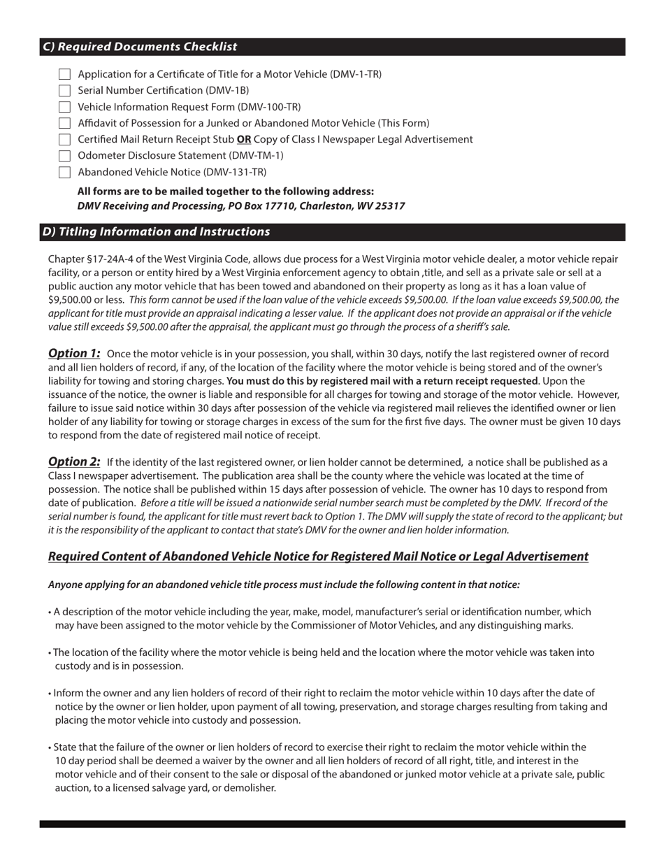 Form DMV-130-TR Affidavit for Possession of a Junked or Abandoned Motor Vehicle - West Virginia, Page 2