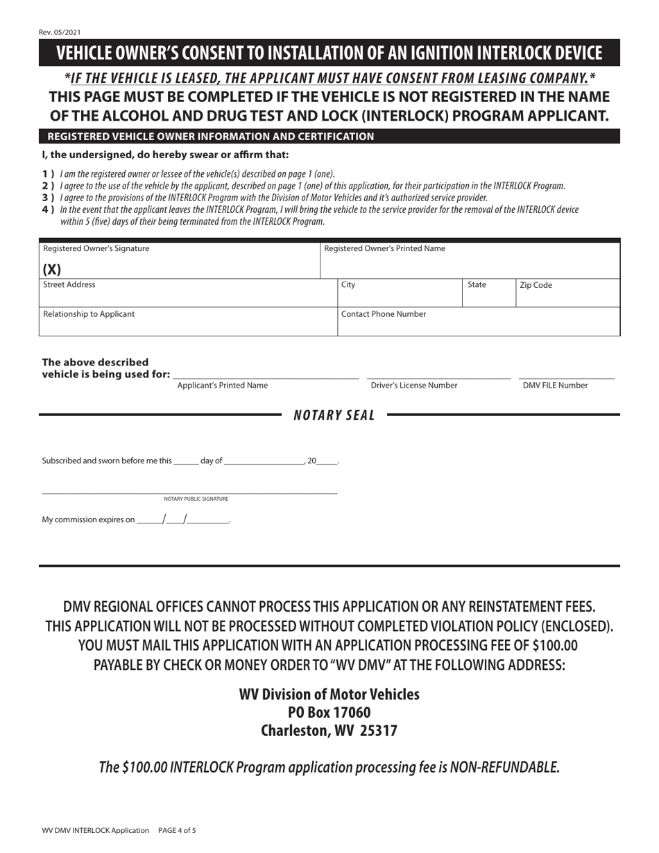 Form DMV-21-DU Wv Alcohol and Drug Test and Lock (Interlock) Program Application - West Virginia, Page 5