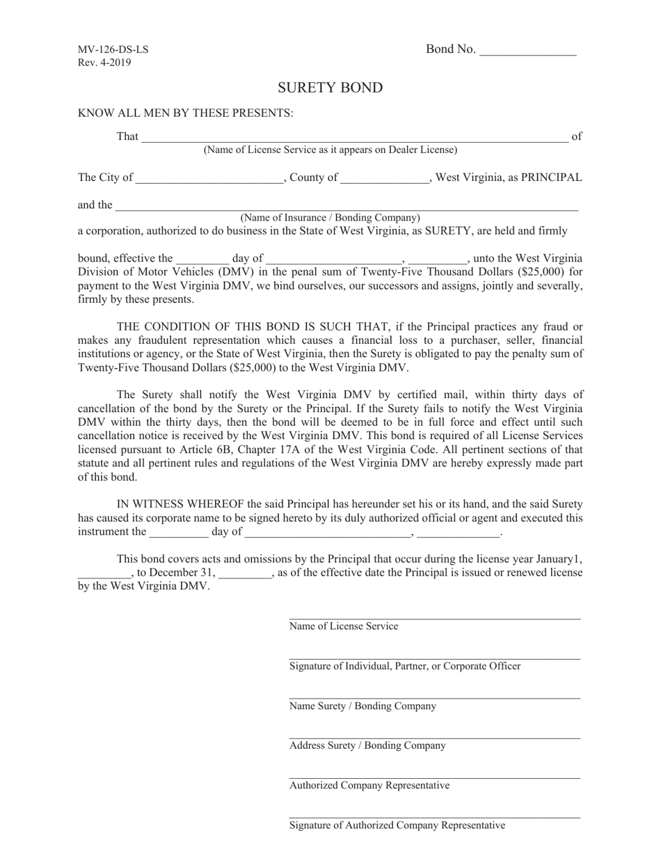 Form MV-126-DS-LS License Service Surety Bond - West Virginia, Page 1