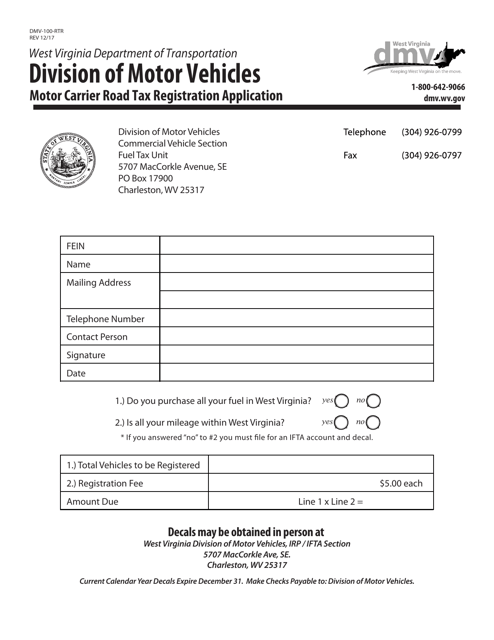 Form DMV-100-RTR Motor Carrier Road Tax Registration Application - West Virginia