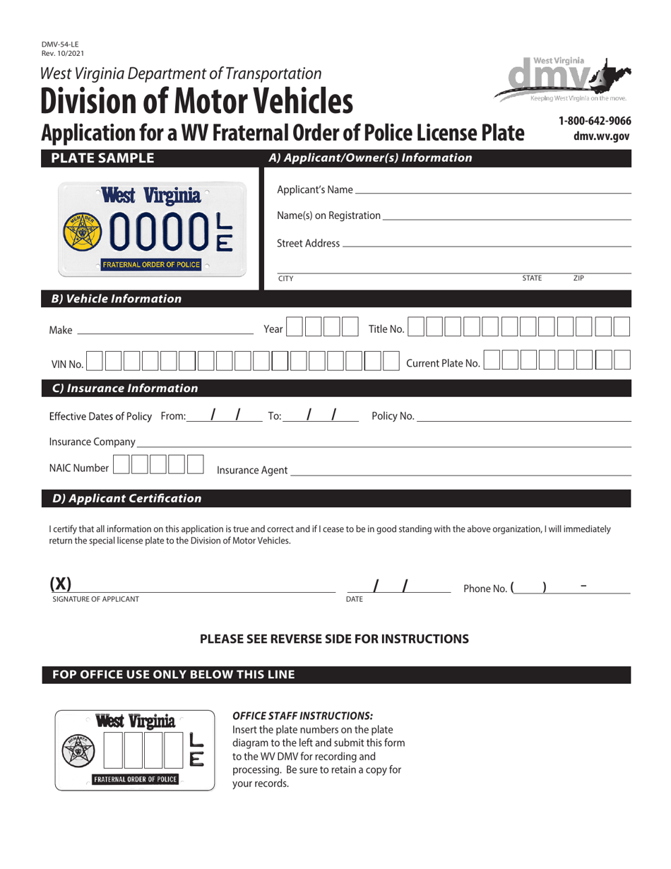 Form DMV-54-LE Application for a Wv Fraternal Order of Police License Plate - West Virginia, Page 1