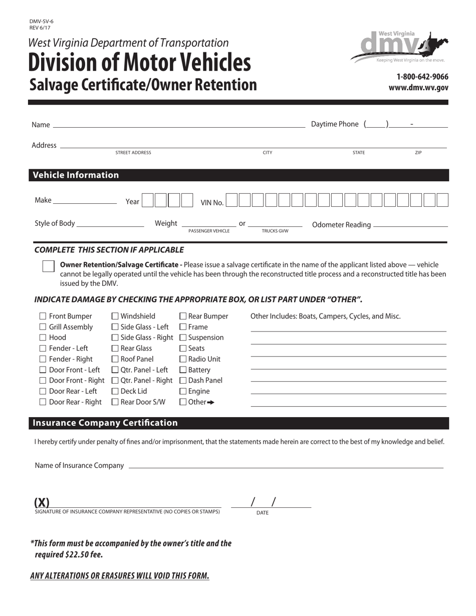 Form DMV-SV-6 Salvage Certificate / Owner Retention - West Virginia, Page 1