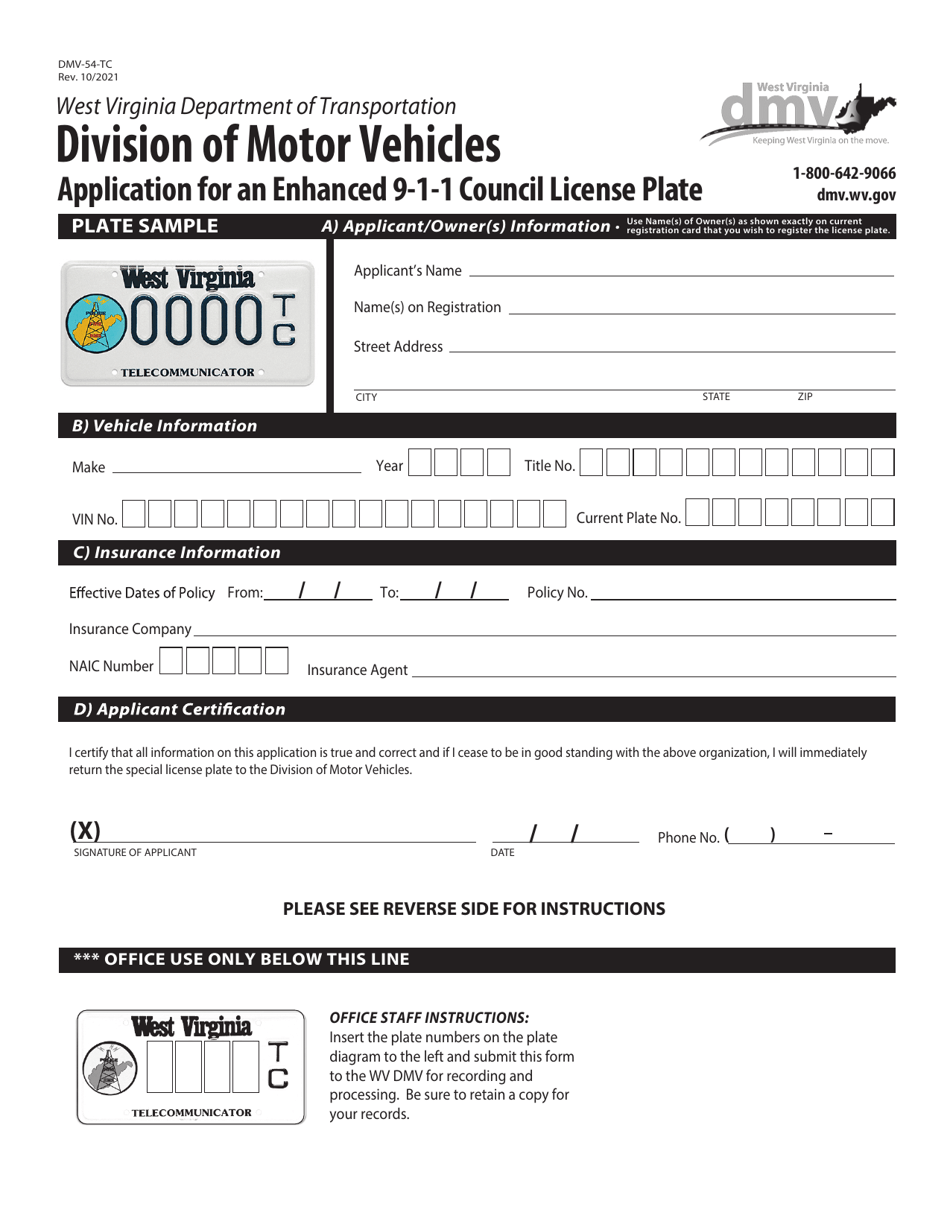 Form DMV-54-TC Application for an Enhanced 9-1-1 Council License Plate - West Virginia, Page 1