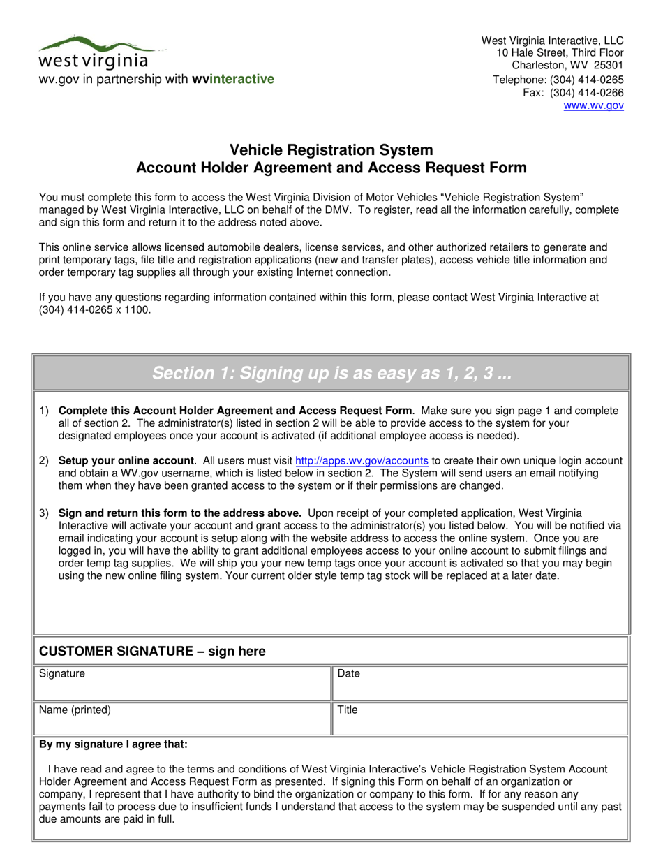 Vehicle Registration System Account Holder Agreement and Access Request Form - West Virginia, Page 1