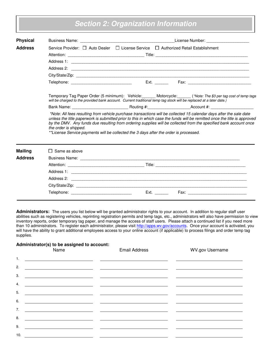 Vehicle Registration System Account Holder Agreement and Access Request Form - West Virginia, Page 2